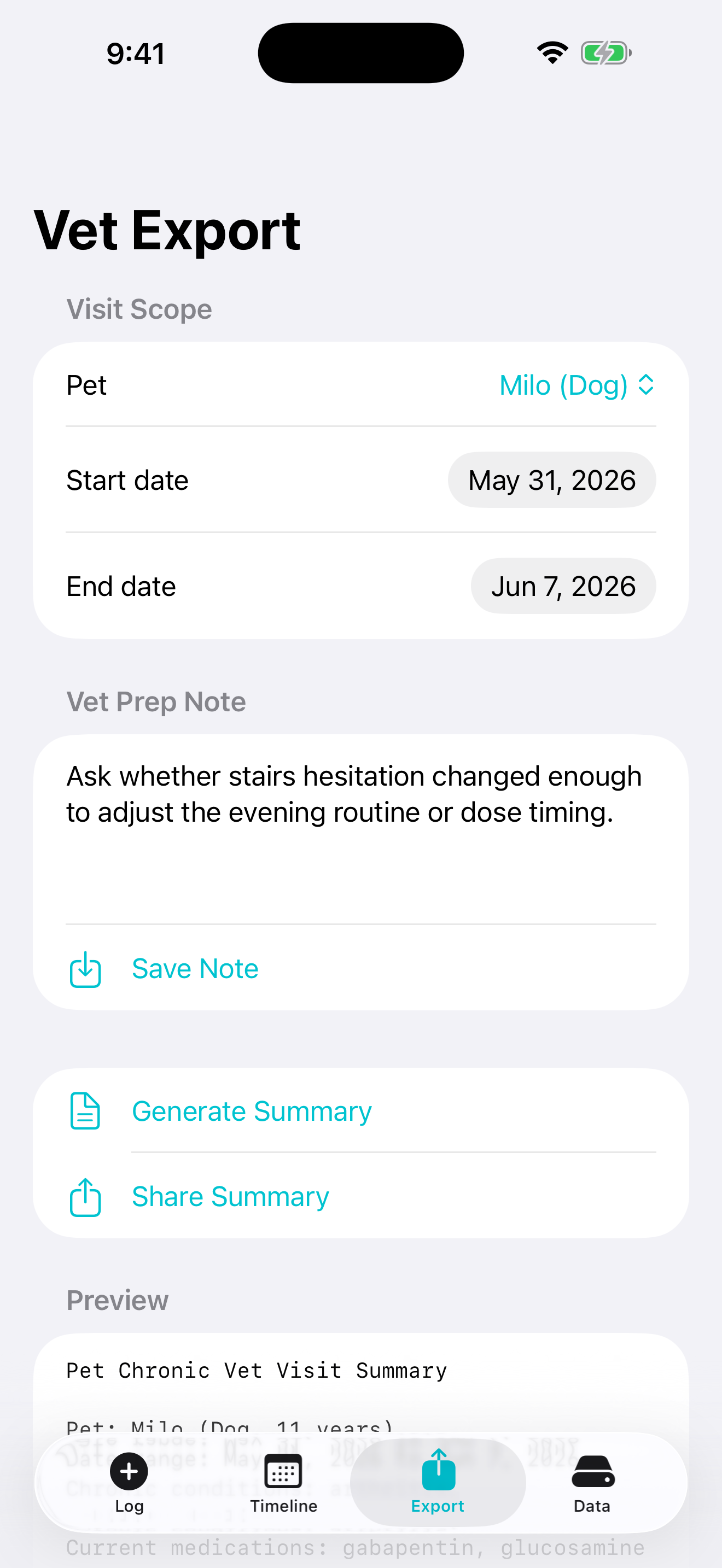 Pet Chronic vet summary export screen
