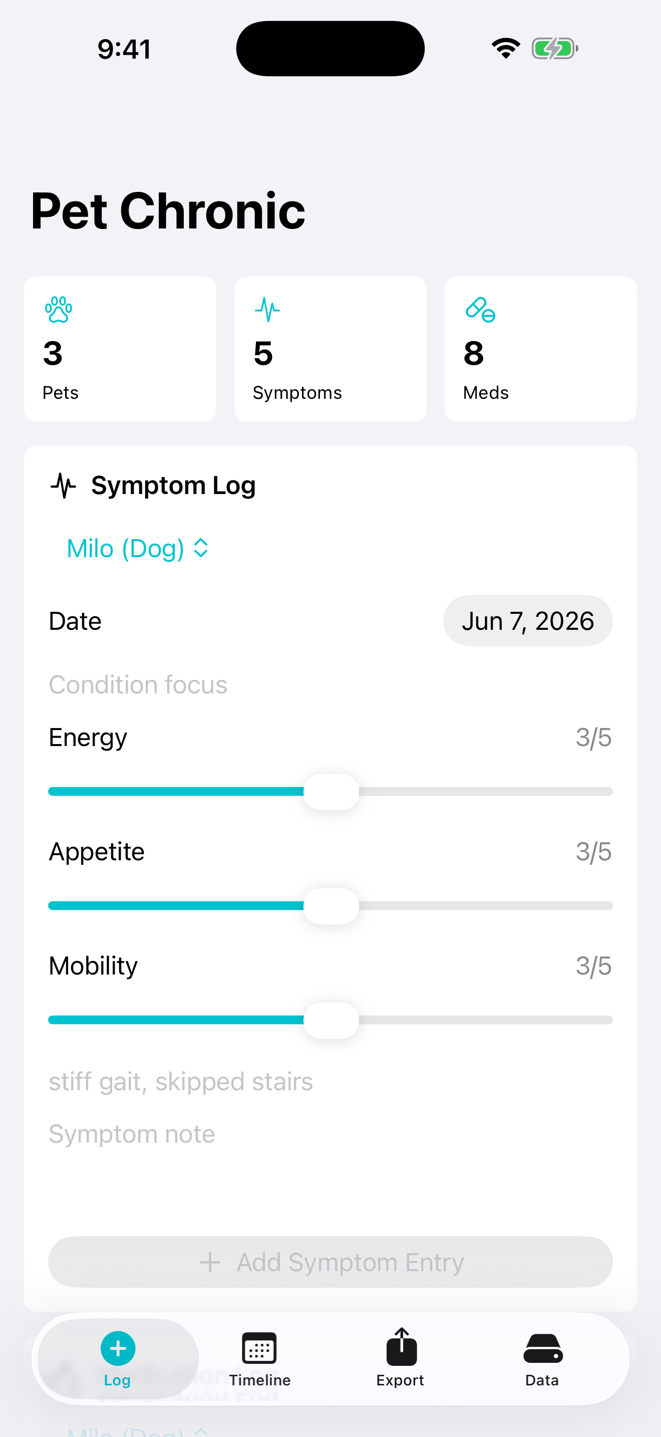 Pet Chronic symptom and medication log screen