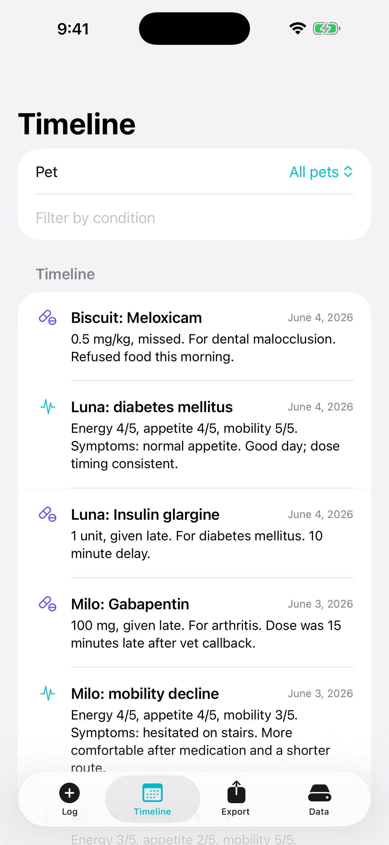 Pet Chronic timeline screen